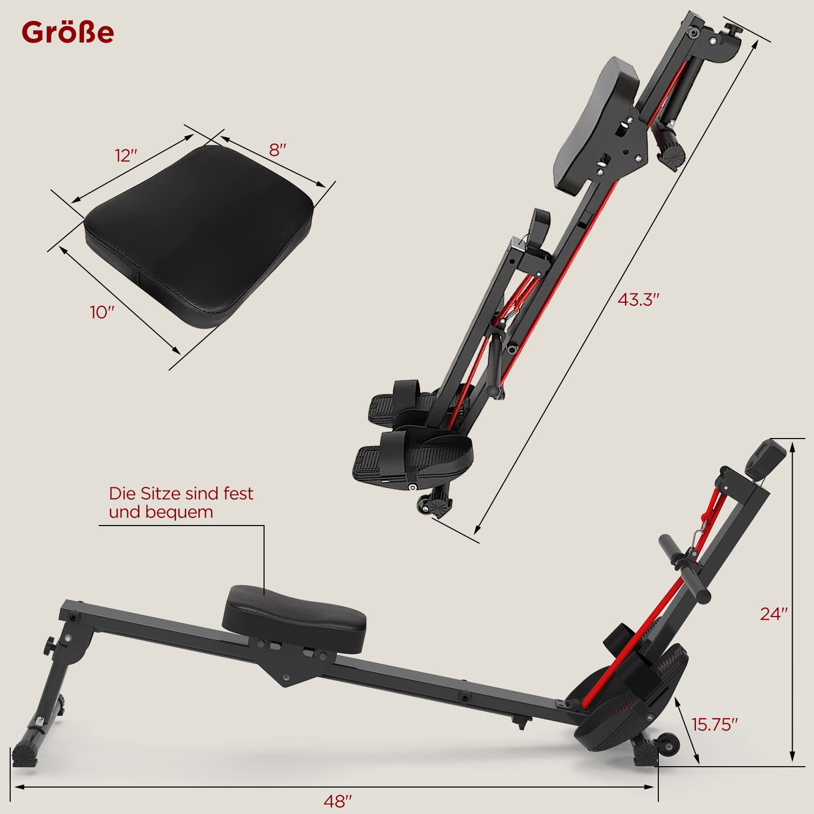 Rudergerät für Zuhause, Rudergerät Klappbar Rudergeräte, 120kg Gewichtskapazität Rowing Machine (Rot)