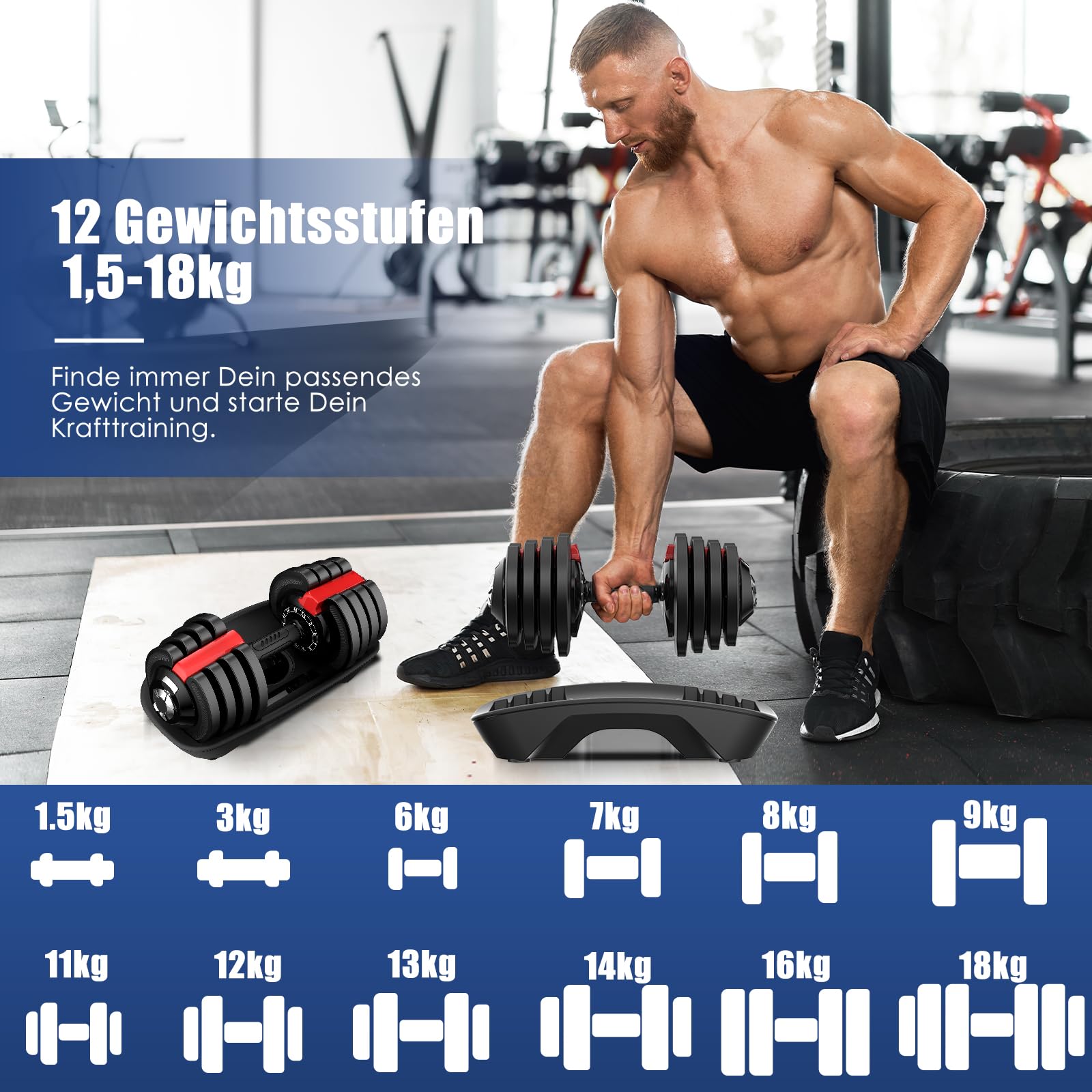 DH FitLife 2 x 18kg verstellbare Hanteln 1,5 bis 18 KG mit 12 Gewichtsstufen, Kurzhanteln mit Hantelscheiben, 2er set