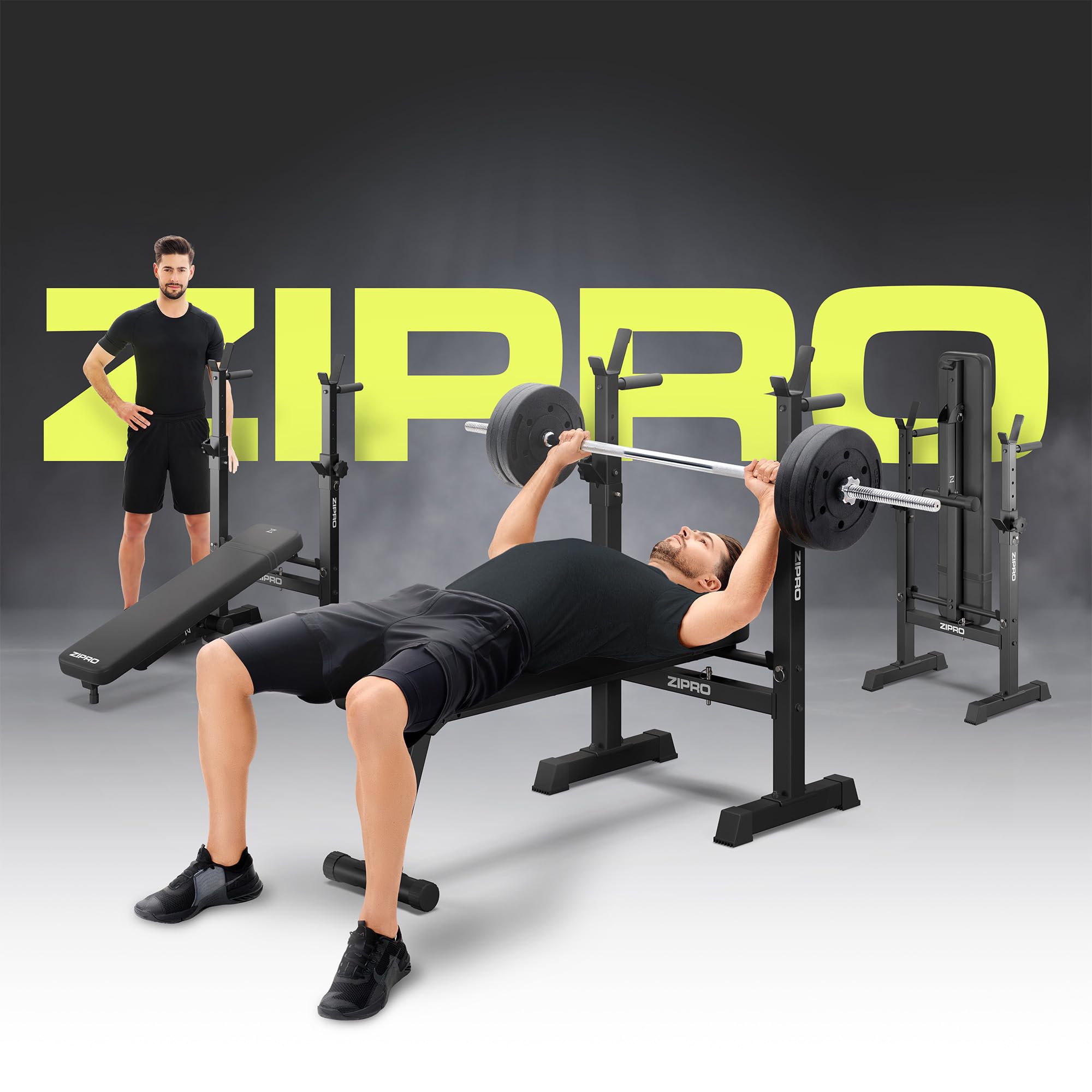 Zipro Bankdrücken Bank Core, Fitnessbank mit verstellbaren Hantelablagen, klappbar Bench Press, Drückerbank mit Liegestützgriffen, Gesamtbelastbarkeit 230kg, Kraftstation ohne Stange