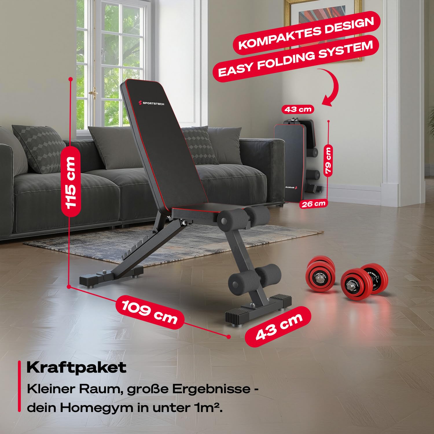 Sportstech BRT250 Hantelbank klappbar & verstellbar – Multifunktionale Fitnessbank für zuhause, 7 in 1 Schrägbank & Trainingsbank für Ganzkörpertraining, kompakt faltbar, bis 300 kg belastbar