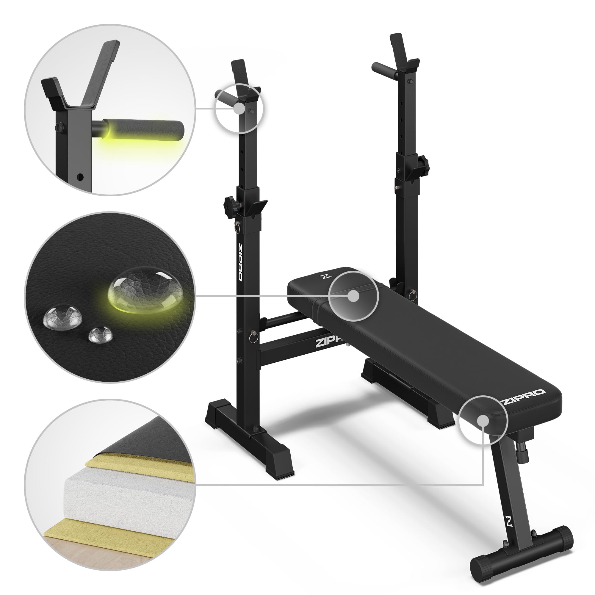 Zipro Bankdrücken Bank Core, Fitnessbank mit verstellbaren Hantelablagen, klappbar Bench Press, Drückerbank mit Liegestützgriffen, Gesamtbelastbarkeit 230kg, Kraftstation ohne Stange