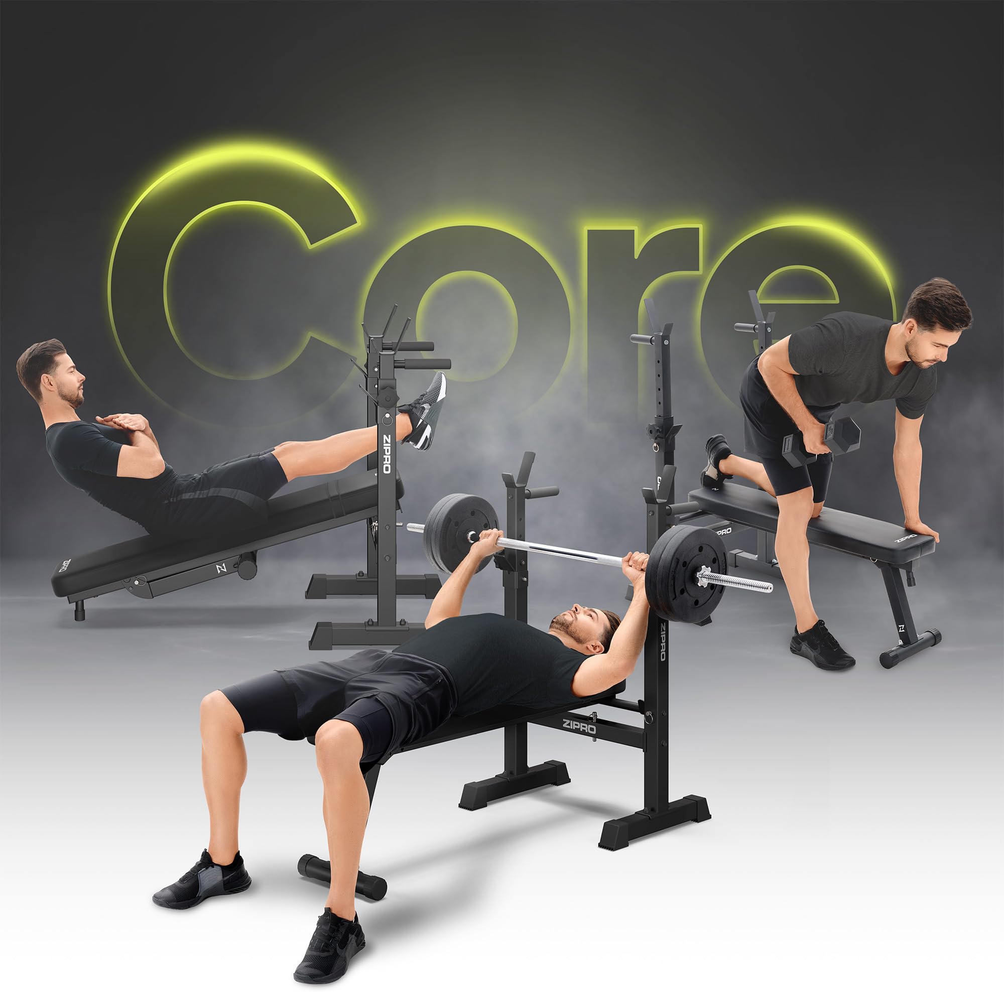 Zipro Bankdrücken Bank Core, Fitnessbank mit verstellbaren Hantelablagen, klappbar Bench Press, Drückerbank mit Liegestützgriffen, Gesamtbelastbarkeit 230kg, Kraftstation ohne Stange
