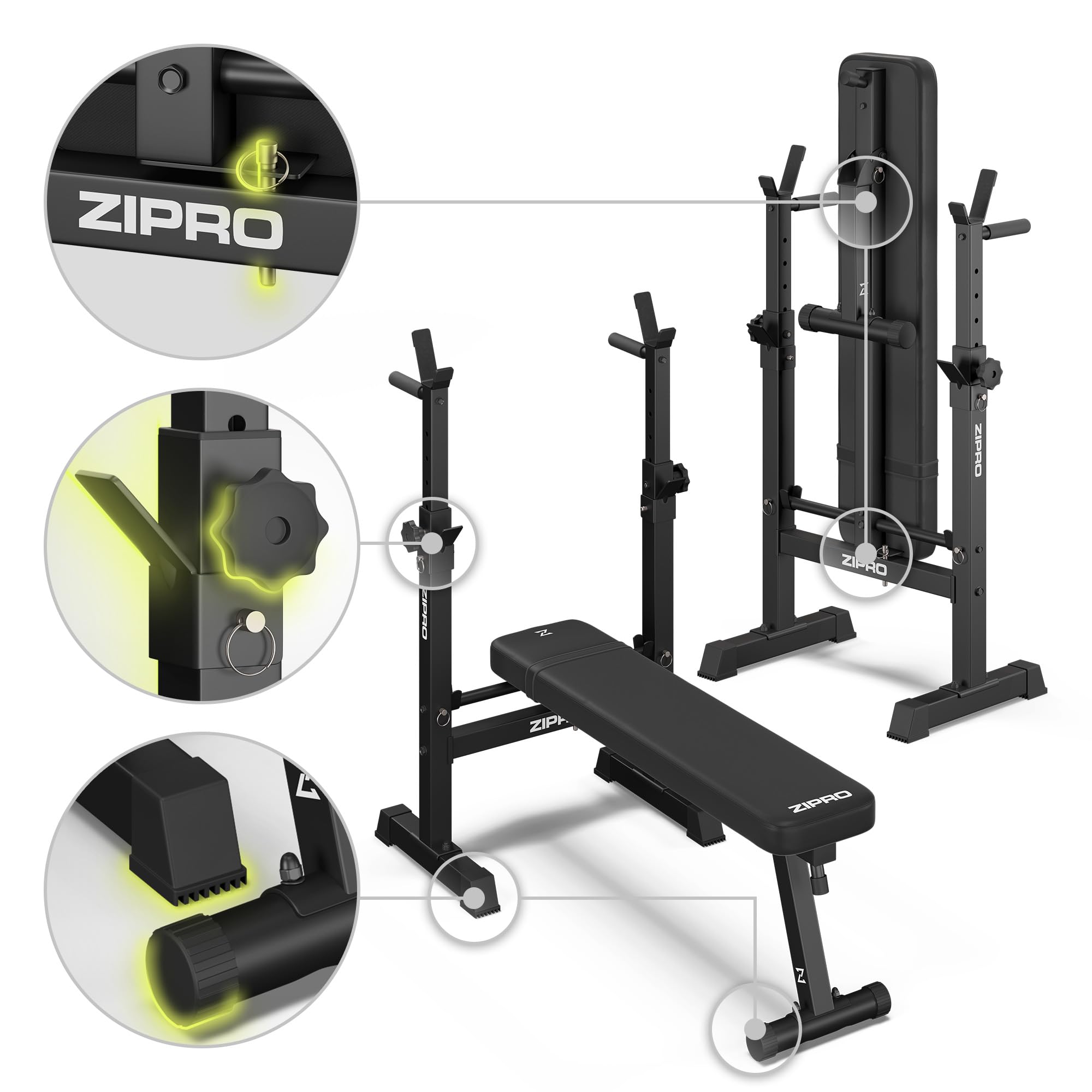 Zipro Bankdrücken Bank Core, Fitnessbank mit verstellbaren Hantelablagen, klappbar Bench Press, Drückerbank mit Liegestützgriffen, Gesamtbelastbarkeit 230kg, Kraftstation ohne Stange
