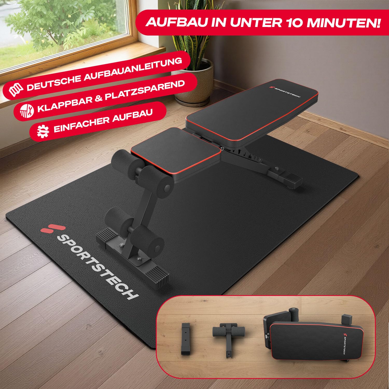 Sportstech BRT250 Hantelbank klappbar & verstellbar – Multifunktionale Fitnessbank für zuhause, 7 in 1 Schrägbank & Trainingsbank für Ganzkörpertraining, kompakt faltbar, bis 300 kg belastbar