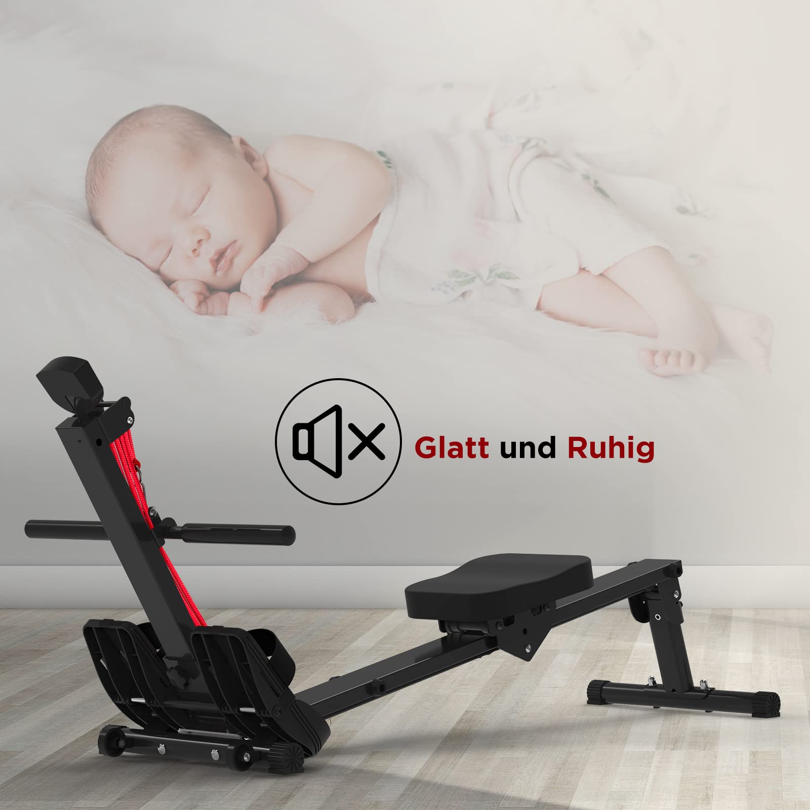 Rudergerät für Zuhause, Rudergerät Klappbar Rudergeräte, 120kg Gewichtskapazität Rowing Machine (Rot)