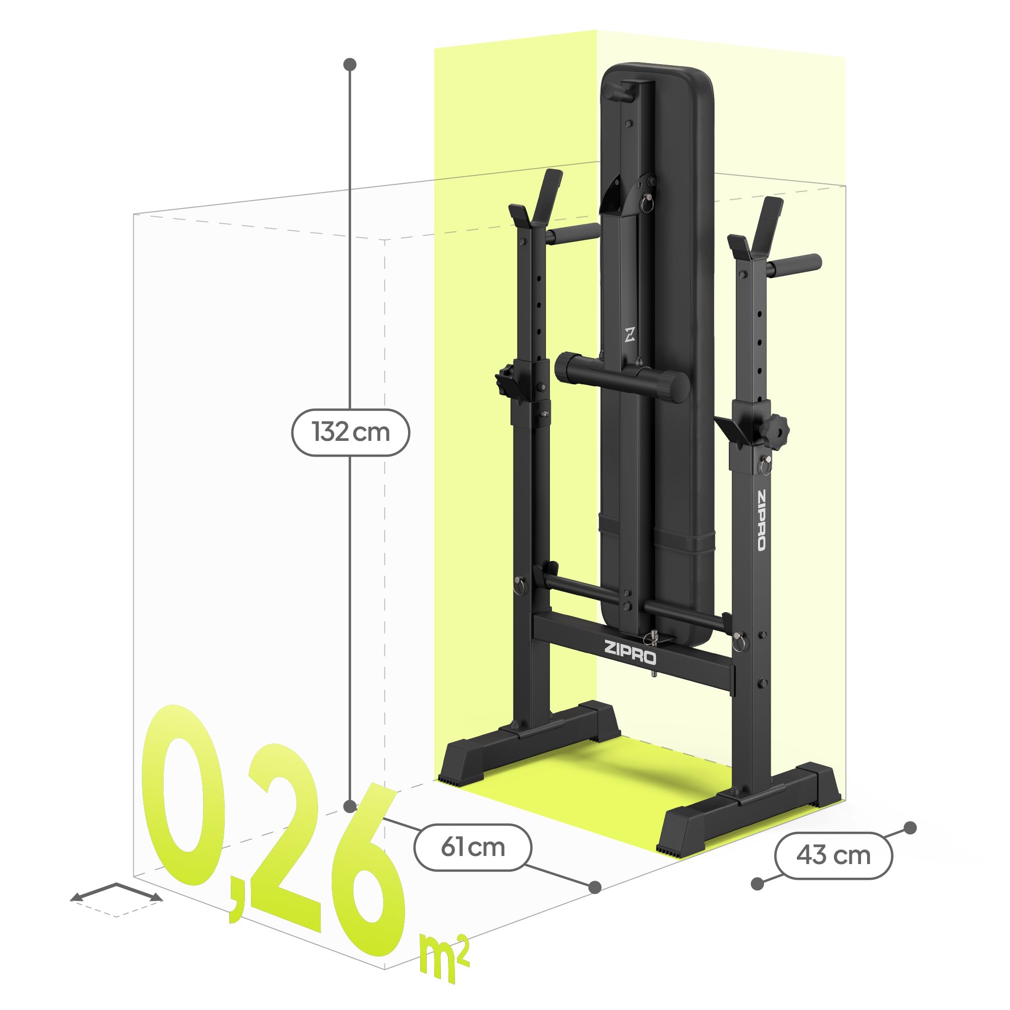 Zipro Bankdrücken Bank Core, Fitnessbank mit verstellbaren Hantelablagen, klappbar Bench Press, Drückerbank mit Liegestützgriffen, Gesamtbelastbarkeit 230kg, Kraftstation ohne Stange