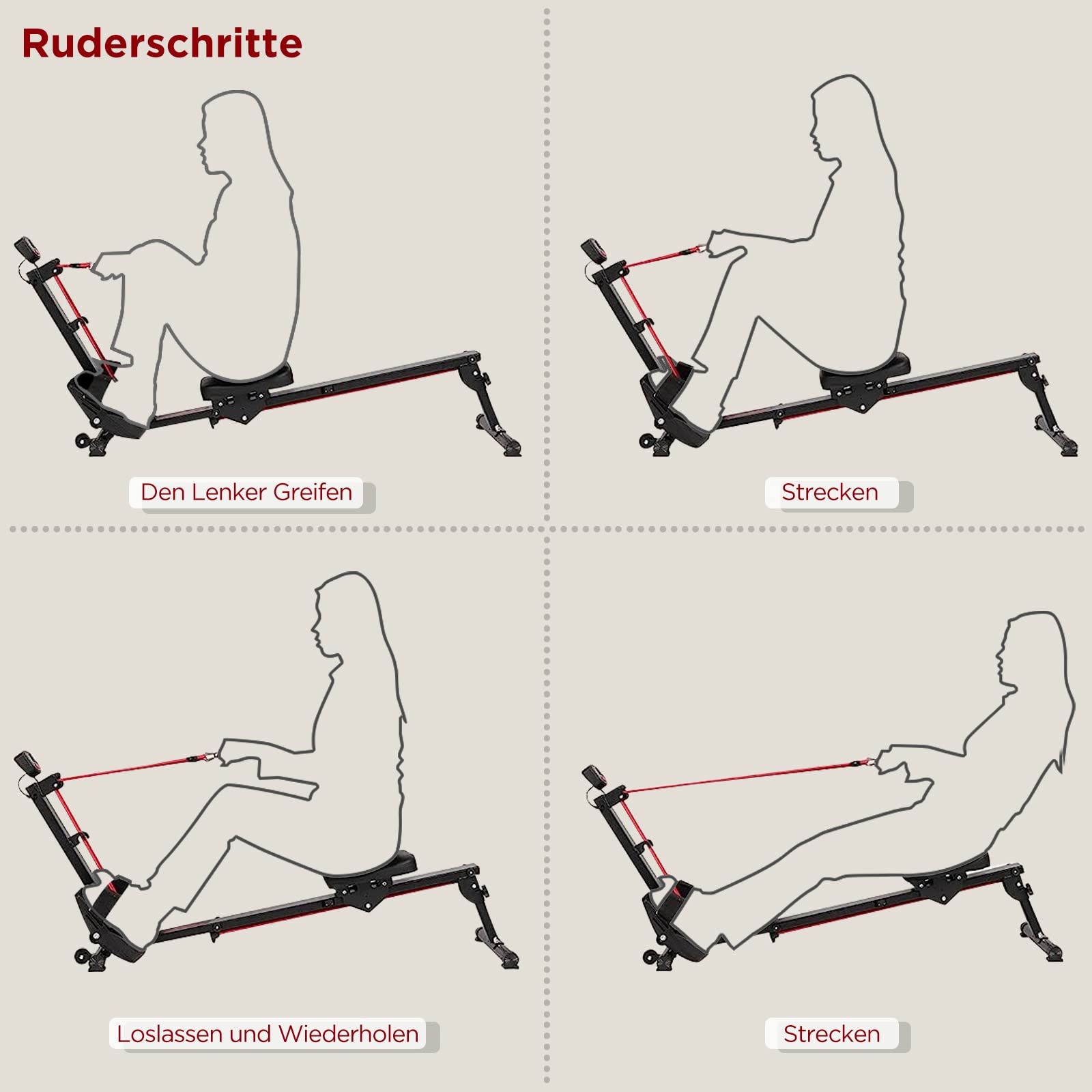 Rudergerät für Zuhause, Rudergerät Klappbar Rudergeräte, 120kg Gewichtskapazität Rowing Machine (Rot)