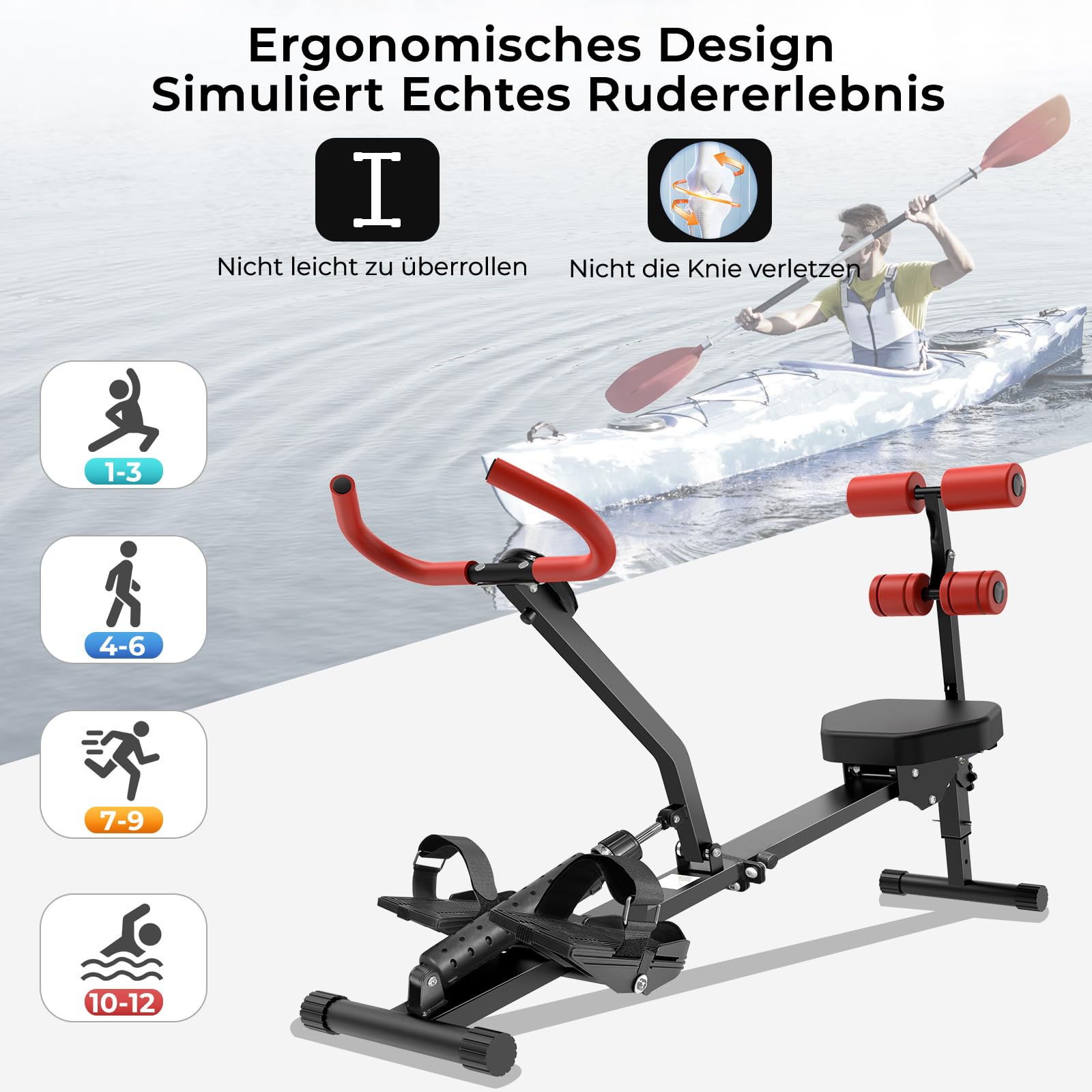 Rudergerät für Zuhause, Micyox Hydraulisches Fitness-Rudergerät mit 12 Widerstandsstufen, Multifunktionaler Rückenlehne, Rudermaschine Trainingsgerät für das Ganzkörpertraining