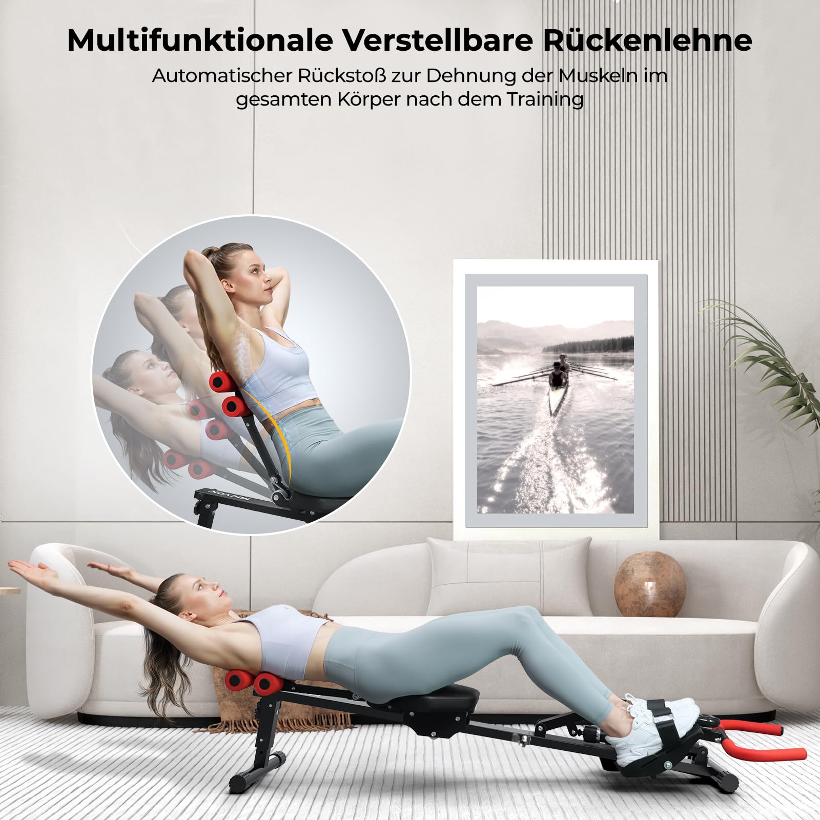 Rudergerät für Zuhause, Micyox Hydraulisches Fitness-Rudergerät mit 12 Widerstandsstufen, Multifunktionaler Rückenlehne, Rudermaschine Trainingsgerät für das Ganzkörpertraining