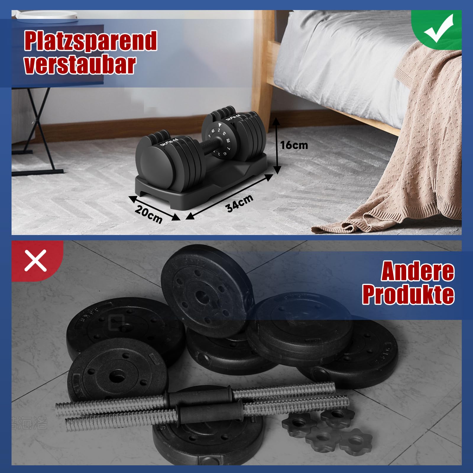 DH FitLife 12kg verstellbare Hanteln 2 bis 12 KG mit 5 Gewichtsstufen, Kurzhanteln Set mit Hantelscheiben, Kurzhanteln verstellbar, variable Gewichte 5 in 1, 2er Set